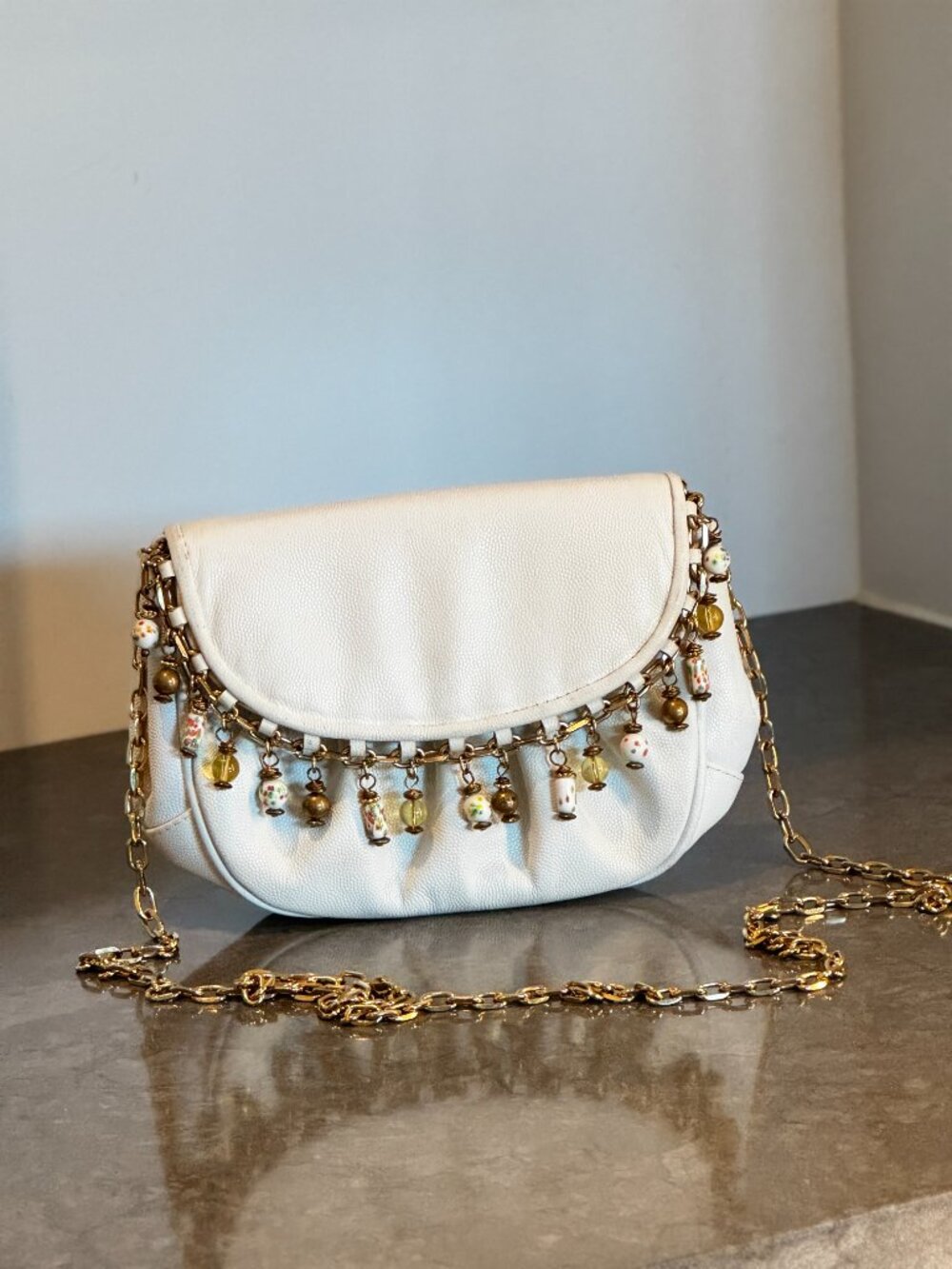 VTG 1980s White Leather Crossbody Purse w/ Hand-Painted Floral Bead Fringe